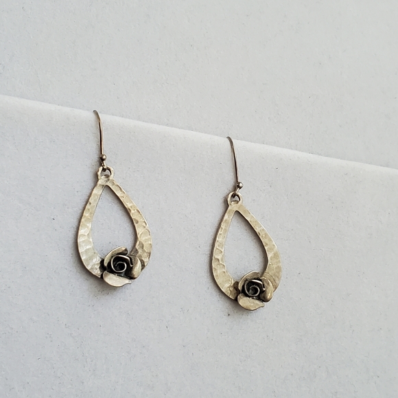 RL Israel Matte Sterling Hammered Teardrop Earrings with Roses - Picture 4 of 8